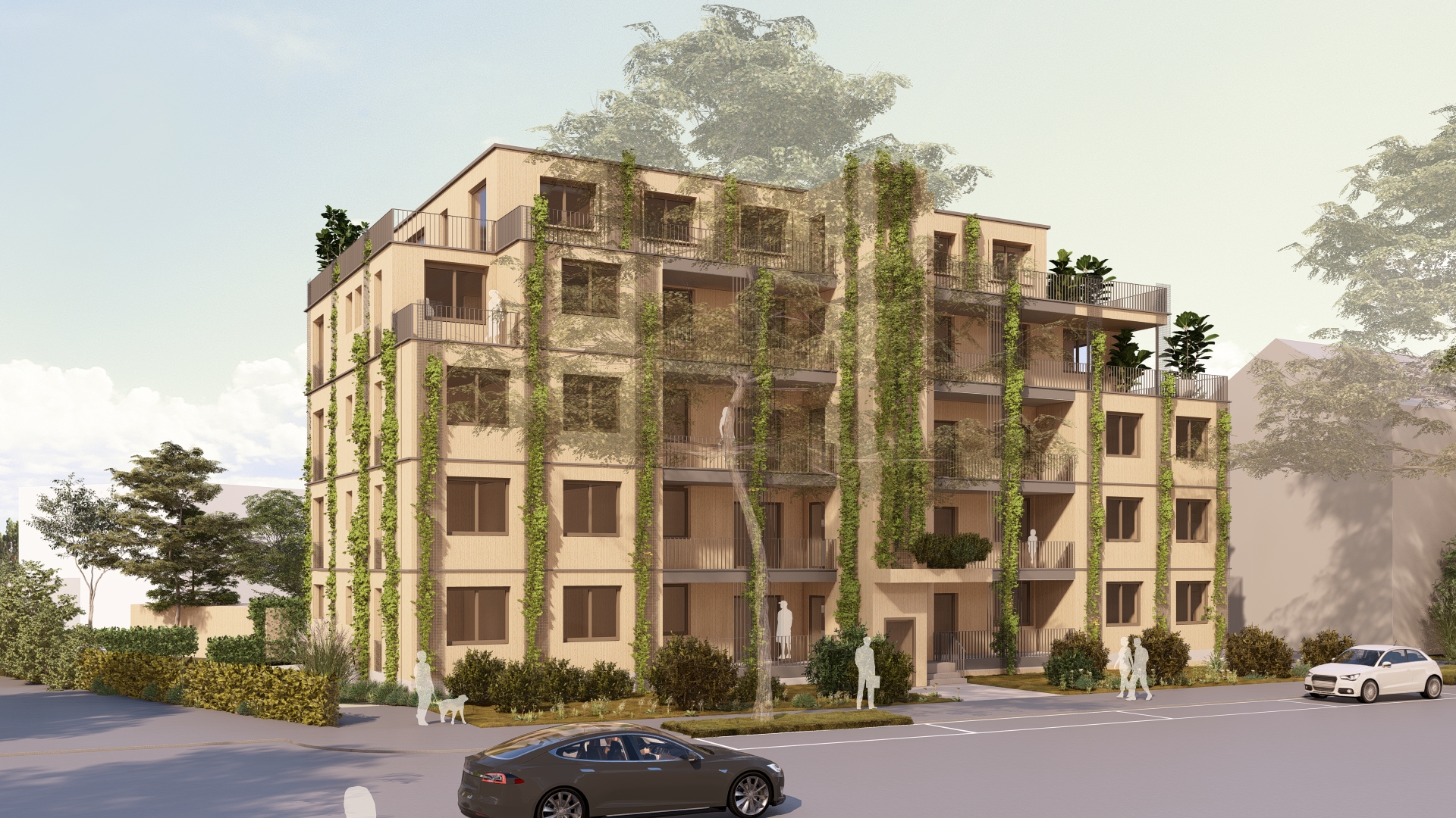 Rendering des Hauses von Aussen, Blick von der gegenüberliegenden Strassenseite.