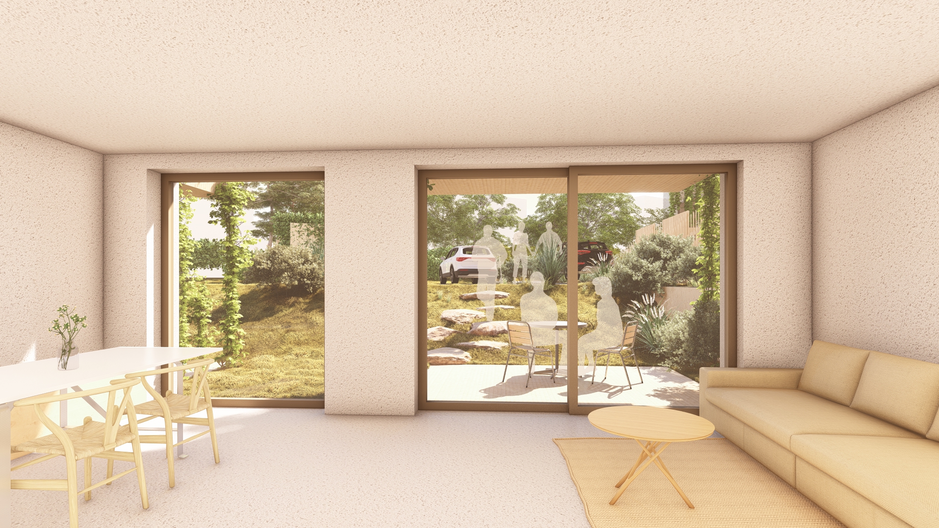 Rendering des Hauses von Innen, Blick aus einem Souterrain Zimmer.